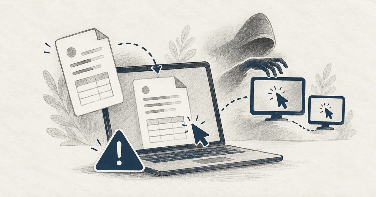 Ilustração sobre faturas e documentos falsos que instalam programas de acesso remoto