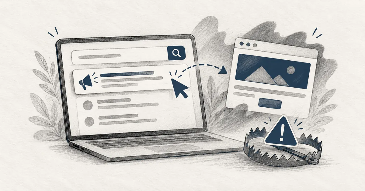 Ilustração sobre sites falsos nos anúncios das pesquisas