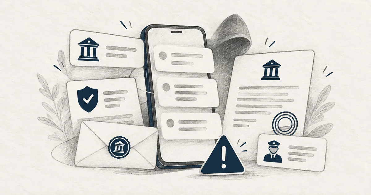 Ilustração sobre falsos avisos da at, segurança social, pj e outras entidades públicas
