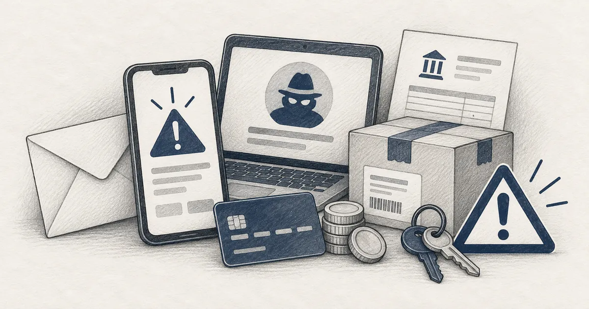 Ilustração de alerta de fraude: telemóvel, computador, cartão bancário, encomenda e documentos com sinais de aviso