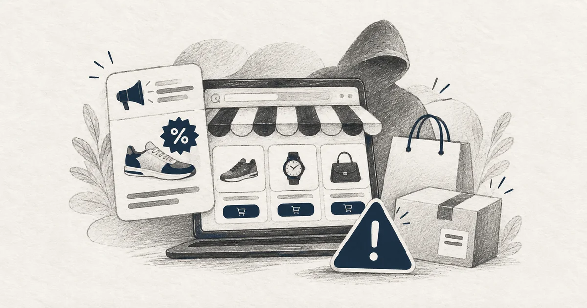 Ilustração sobre lojas online falsas e anúncios com marcas conhecidas